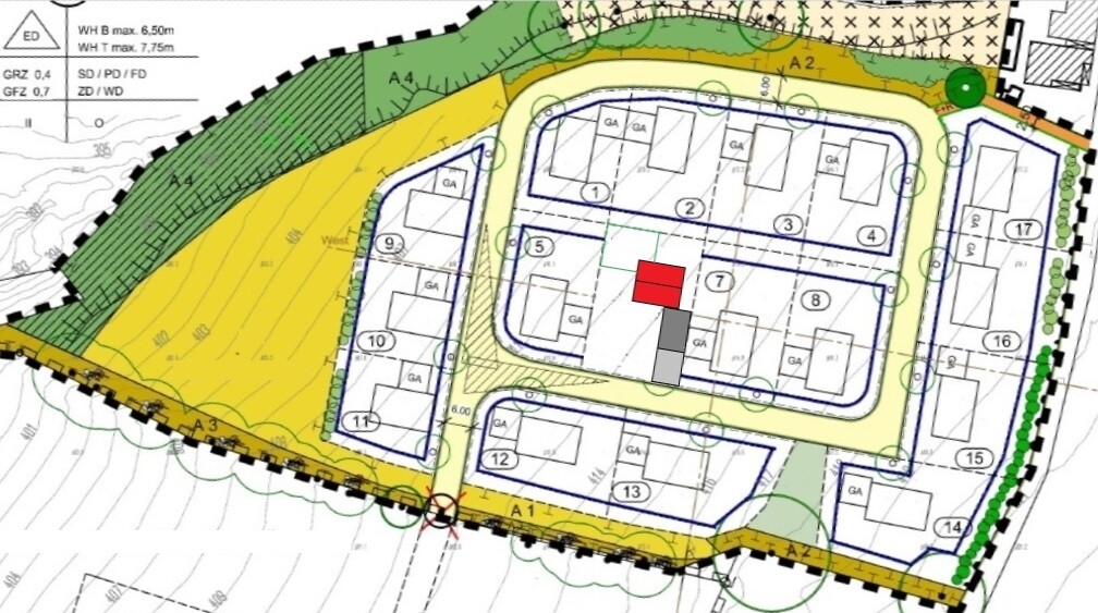 Lageplan eines Baugrundstücks mit Parzellen, Gebäuden, Straßen und Grünflächen