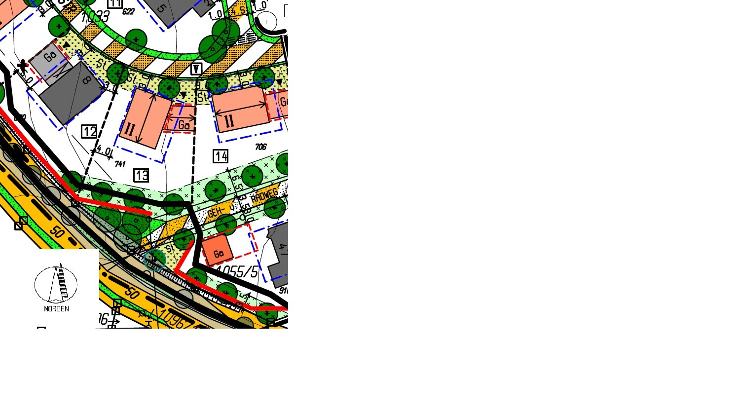 Farbiges Bebauungsplan-Layout mit Straßen, Gebäuden, Bäumen und Wegen.
