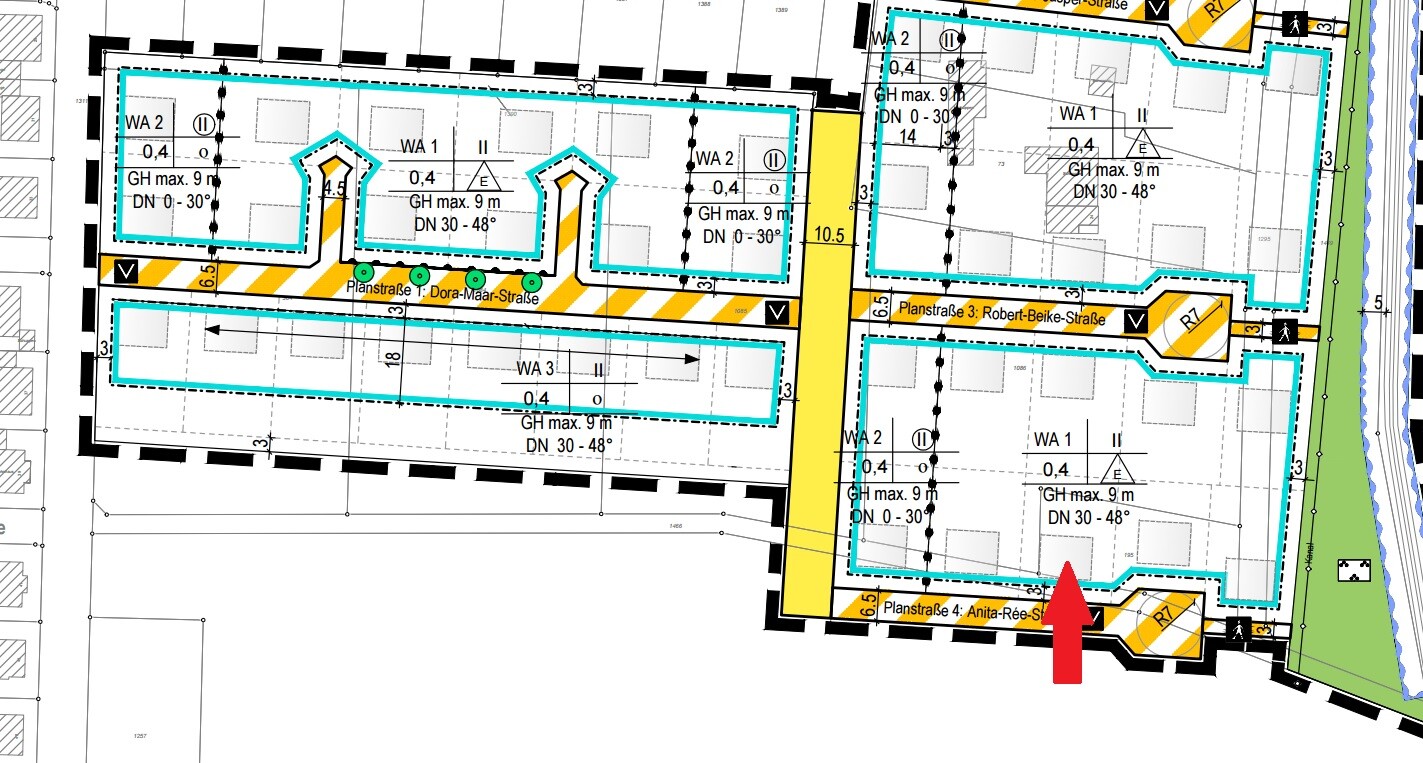 Lageplan eines Gebäudekomplexes mit blauen Umrisslinien, gelben Straßen und Innenhöfen.