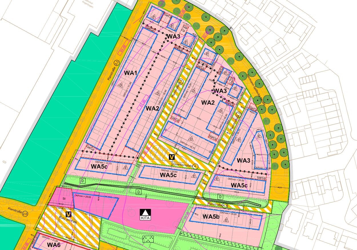 Detaillierter Bebauungsplan eines Quartiers mit farbigen Zonen WA1–WA5, Straßen und Grünflächen.