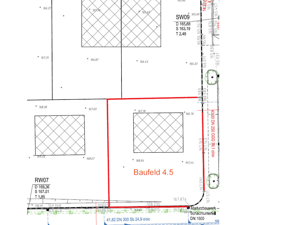 Grundrissplan mit roter Baugrenze, Baufeld 4.5 und Gebäudeflächen