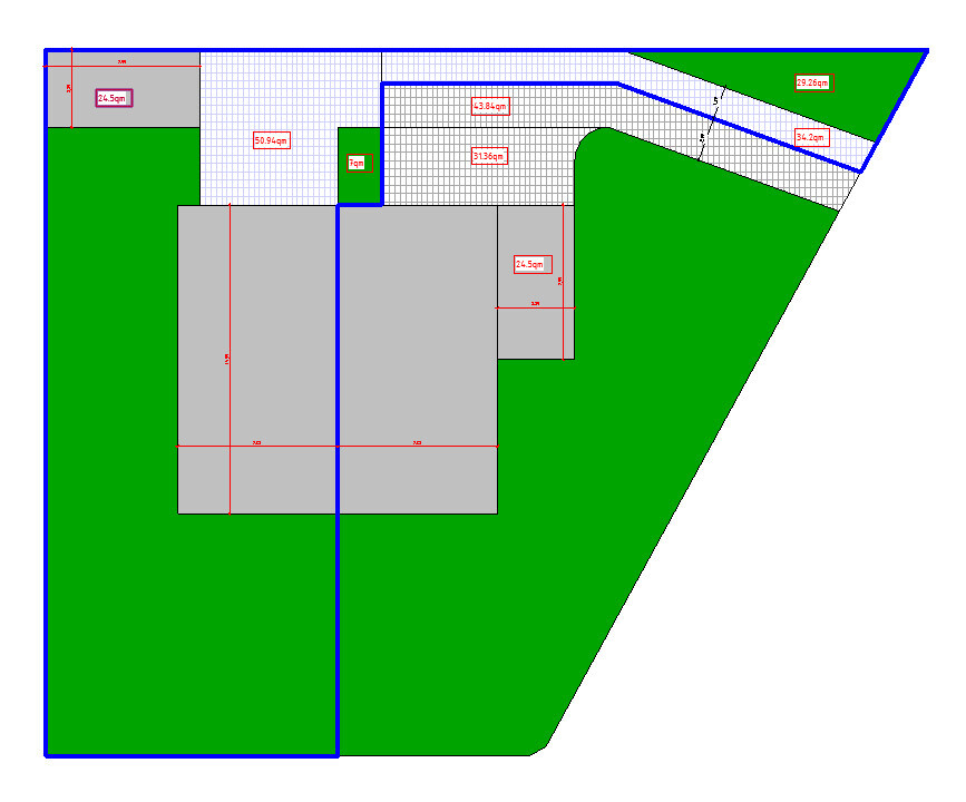 Lageplan: Grüne Flächen, graue Bauten, gepflasterte Zonen, blau umrissen und mit Maßlinien.