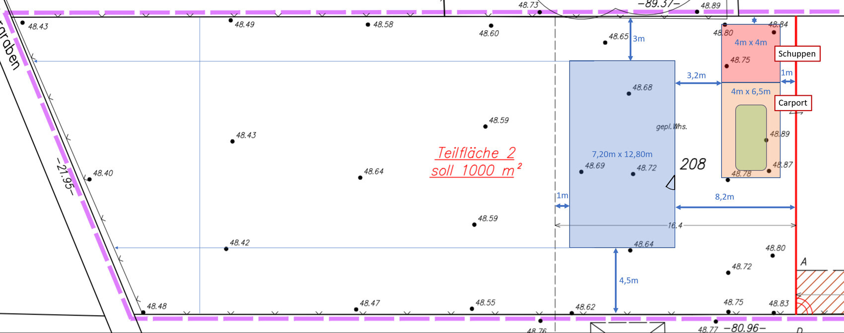 Lageplan: großer blauer Baukörper, Carport und Schuppen rechts; Teilfläche 2 1000 m²
