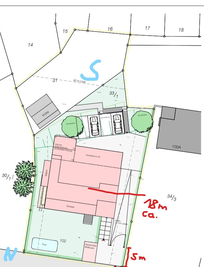 Lageplan eines Baugrundstücks mit Haus, Garten und Zufahrt