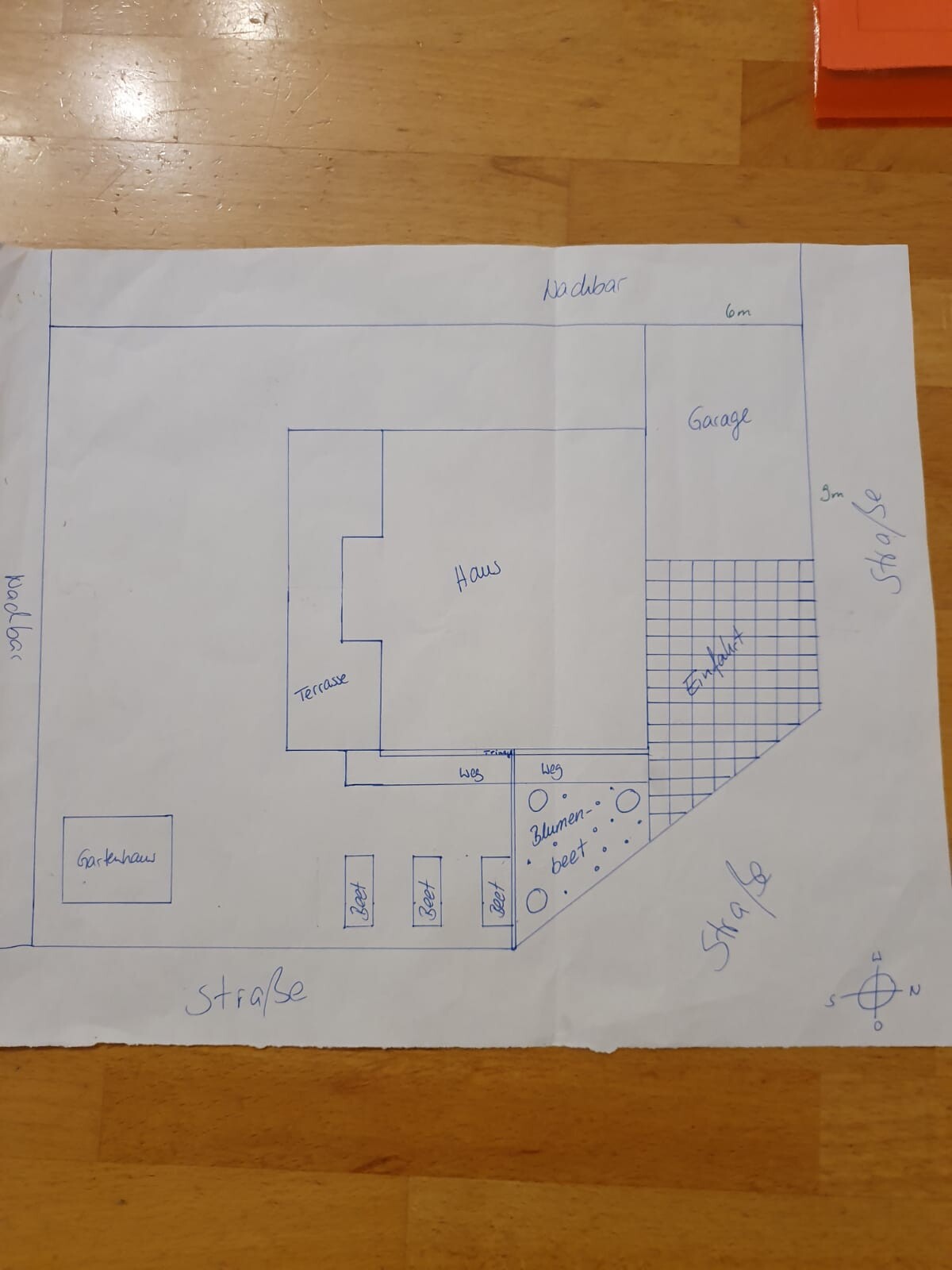 Handgezeichnete Planzeichnung: Haus mit Terrasse, Garten, Garage und Straße