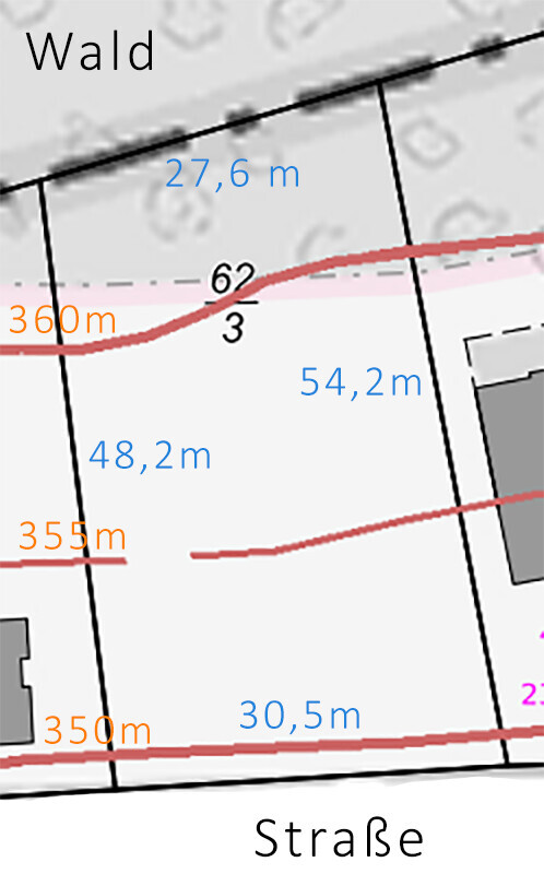 Grundstücksplan: Wald oben, Straße unten, Parzelle mit Grenzlinien und Gebäude rechts.