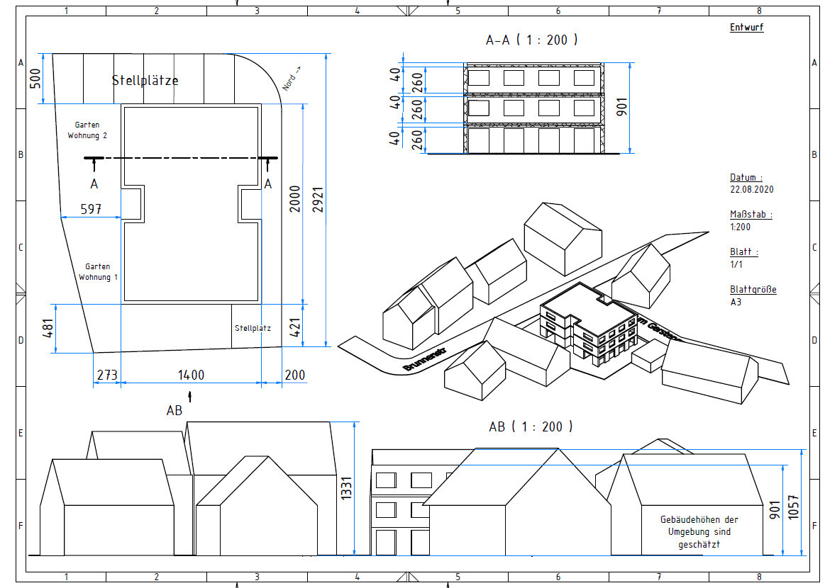 Grundrissplan eines Baugrundstücks mit Stellplätzen, Garten und Häusern samt 3D-Ansicht.