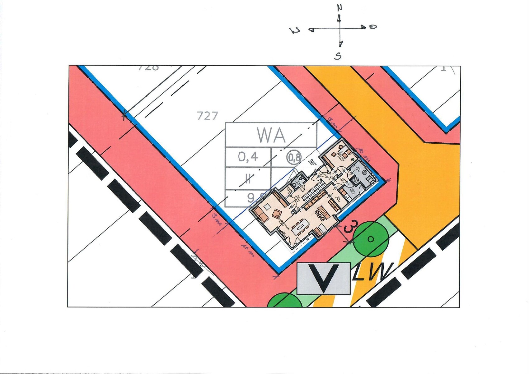 Grundriss- und Lageplan mit farbigen Zonen; inset Wohnungsgrundriss im Zentrum.