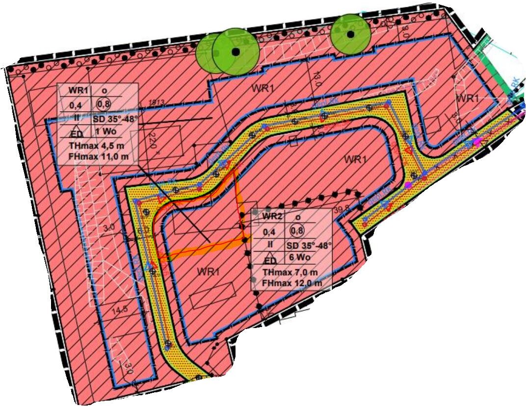 Lageplan eines Baugrundstücks mit Grenzlinien, Wegen und Grünflächen