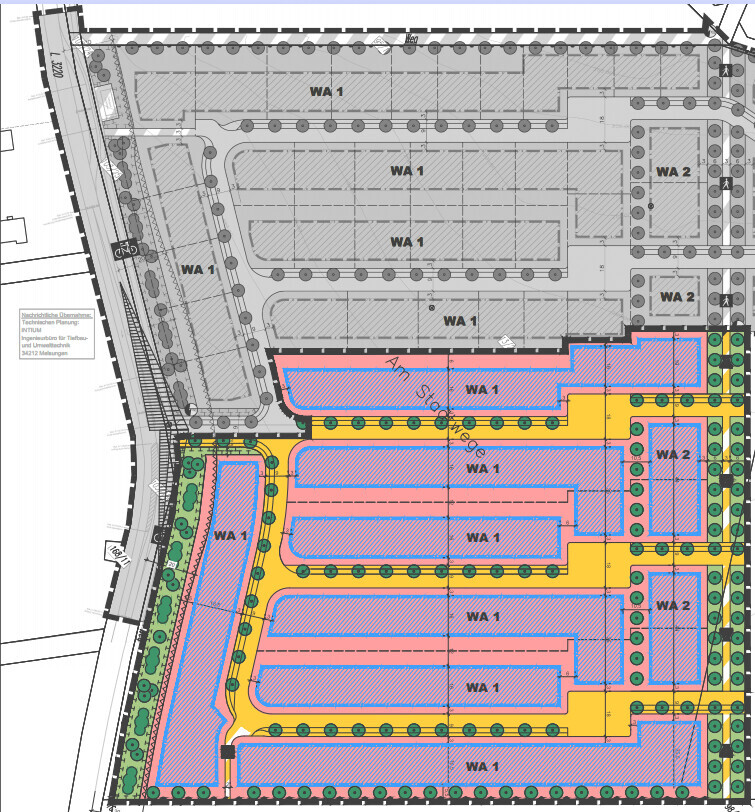 Lageplan eines Baugebiets mit WA 1/WA 2 Zonen, Straßen, Bäumen und Parkflächen.