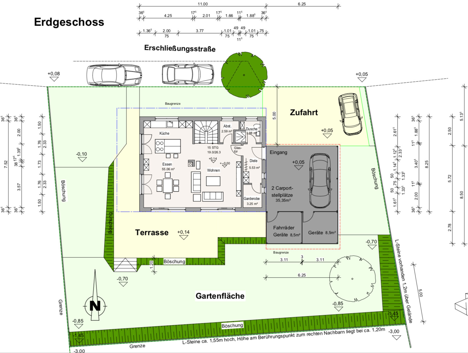 Erdgeschoss-Grundriss: Eingang, Küche, Essen, Wohnen, Terrasse, Gartenfläche, Carport.