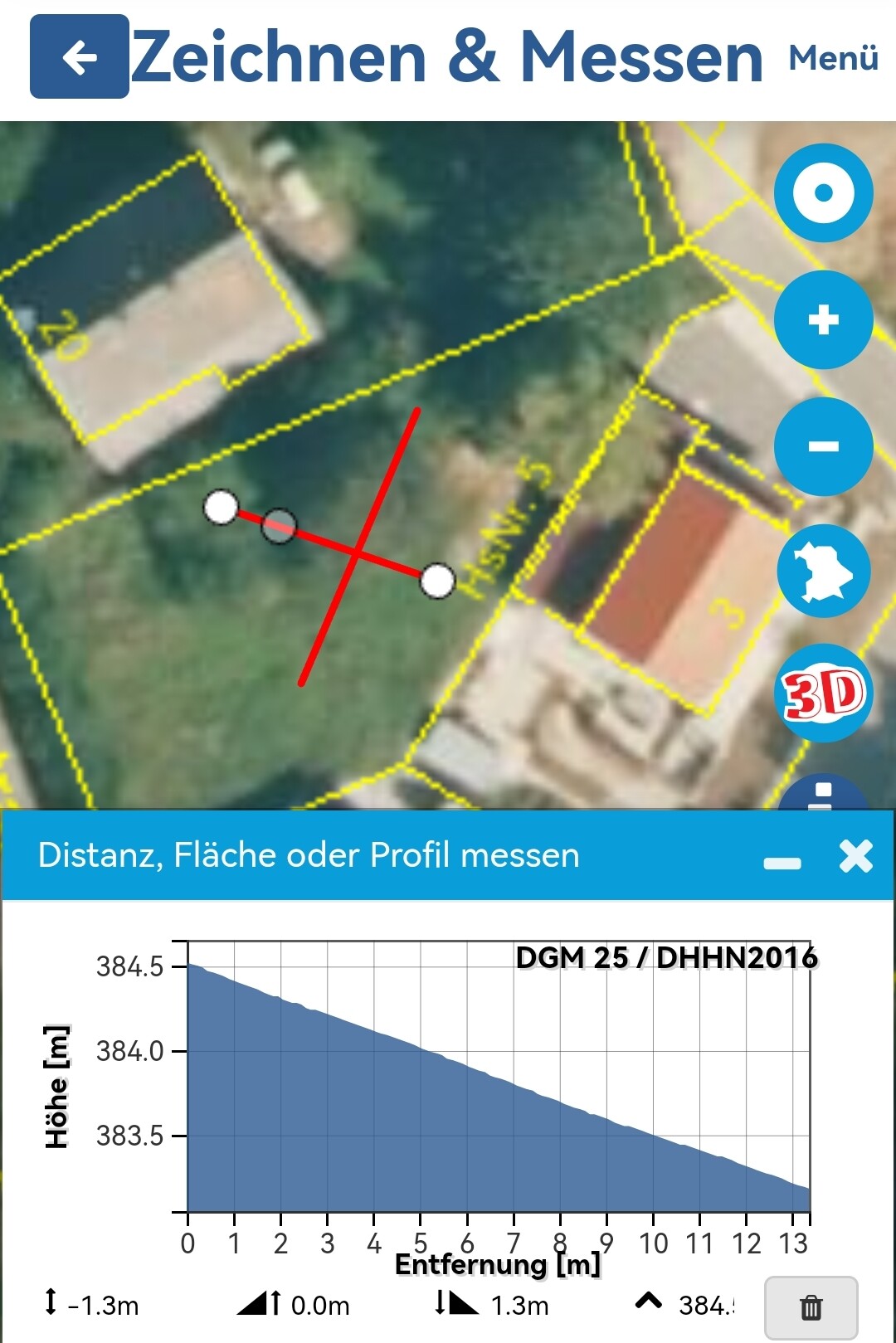 Luftbild: gelbe Grundstücksgrenzen, rote Messstrecke zwischen zwei Punkten, Diagramm unten.