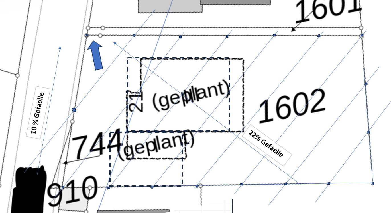 Lageplan eines Grundstücks mit Maßen und geplanten Gebäudeflächen
