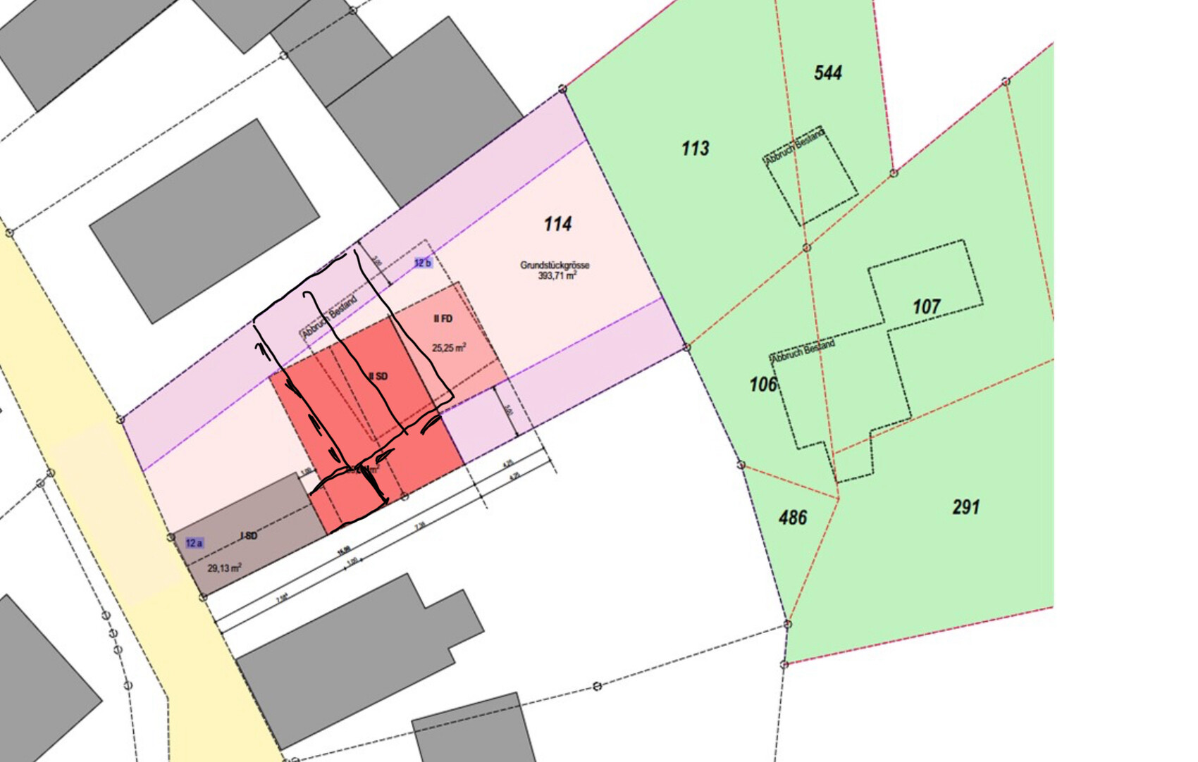 Farbige Parzellen-Lageplan mit Gebäuden, Grenzlinien und Straßen.