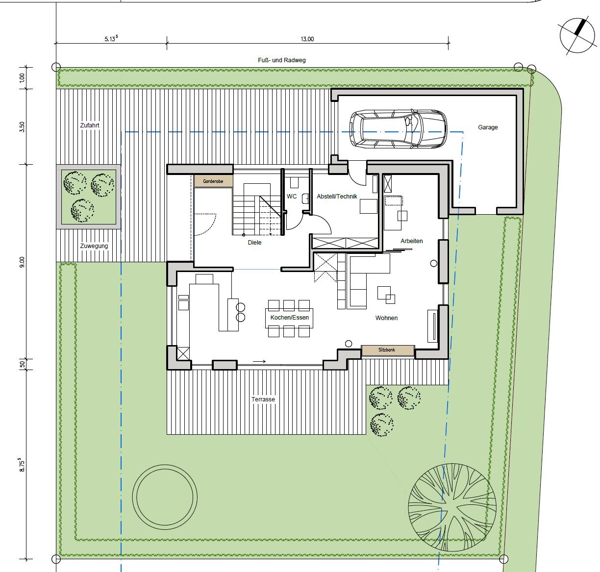 Grundriss eines Wohnhauses: Garage, Terrasse, Garten, offene Küche/Wohnbereich.