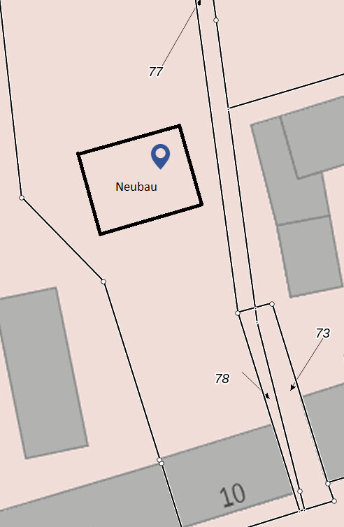 Kartenansicht mit neuem Gebaeude (Neubau) im schwarzen Rahmen und blauem Pin.