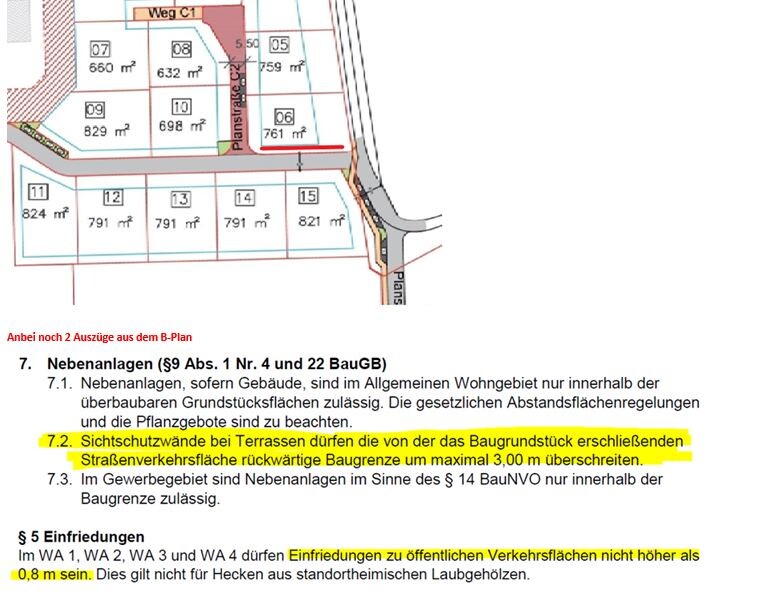 Kartenausschnitt mit Parzellen 07–15, Straßennetz und hervorgehobener Text zur Sichtschutzwand.