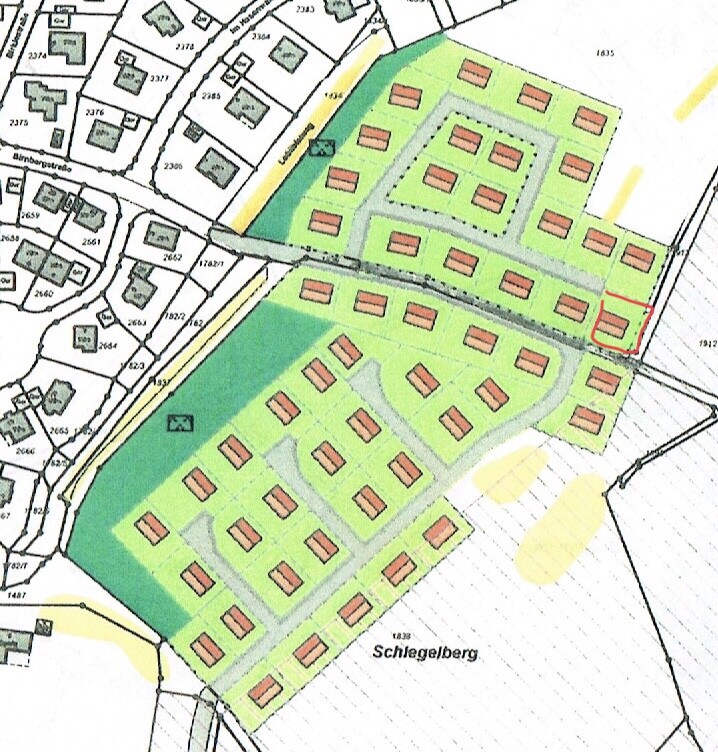 Lageplan eines Baugebiets mit vielen Baugrundstücken, Straßen und Grünflächen
