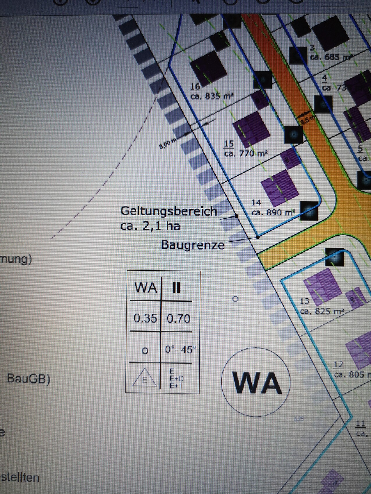 Lageplan eines Baugebiets mit Parzellen, Flächenangaben (ca. m²) und Baugrenze.