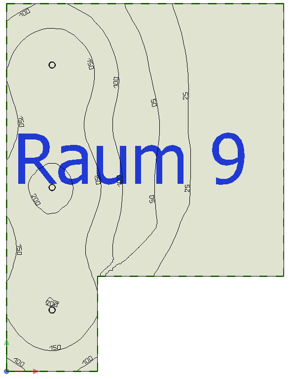 Topografische Konturkarte eines L-förmigen Raums mit blauer Beschriftung Raum 9