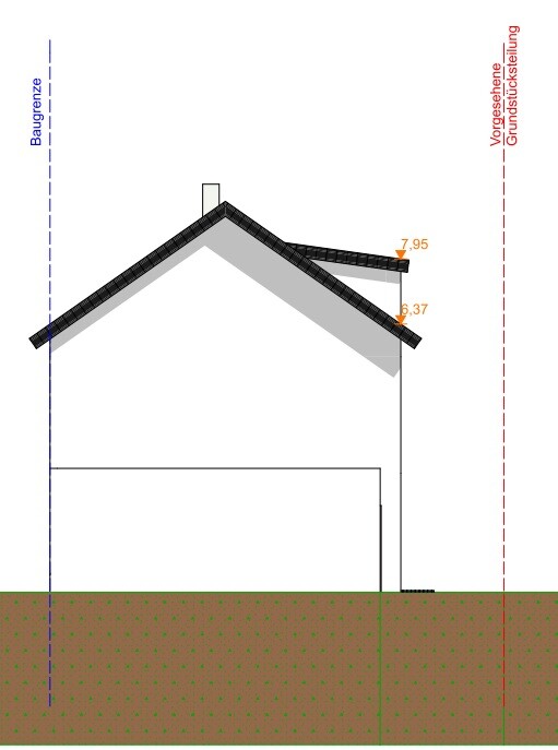 Querschnitt eines Hauses mit Satteldach, Baugrenze links, Grundstücksgrenze rechts, Maße 7,95/6,37