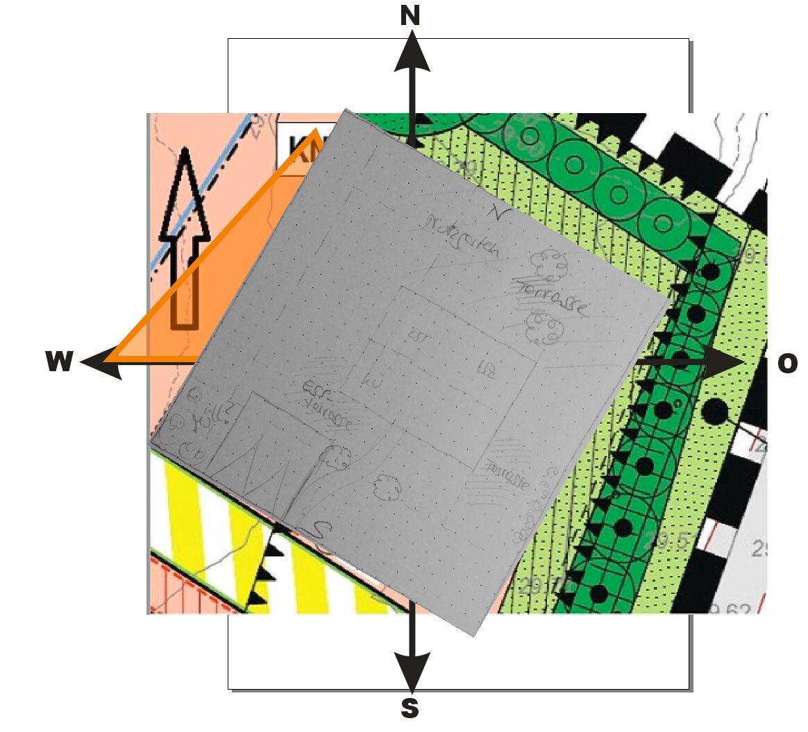 Architekturplan mit Grundrisszeichnungen, Bauplänen und Kompass auf Layout