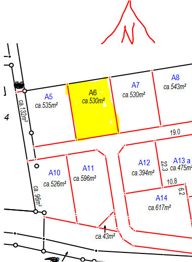 Lageplan eines Baugebietes; A6 (ca. 530 m²) gelb markiert, zwischen A5 und A7.