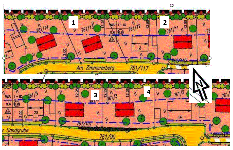 Lageplan eines Baugrundstücks mit Häusern, Straßen und Bäumen