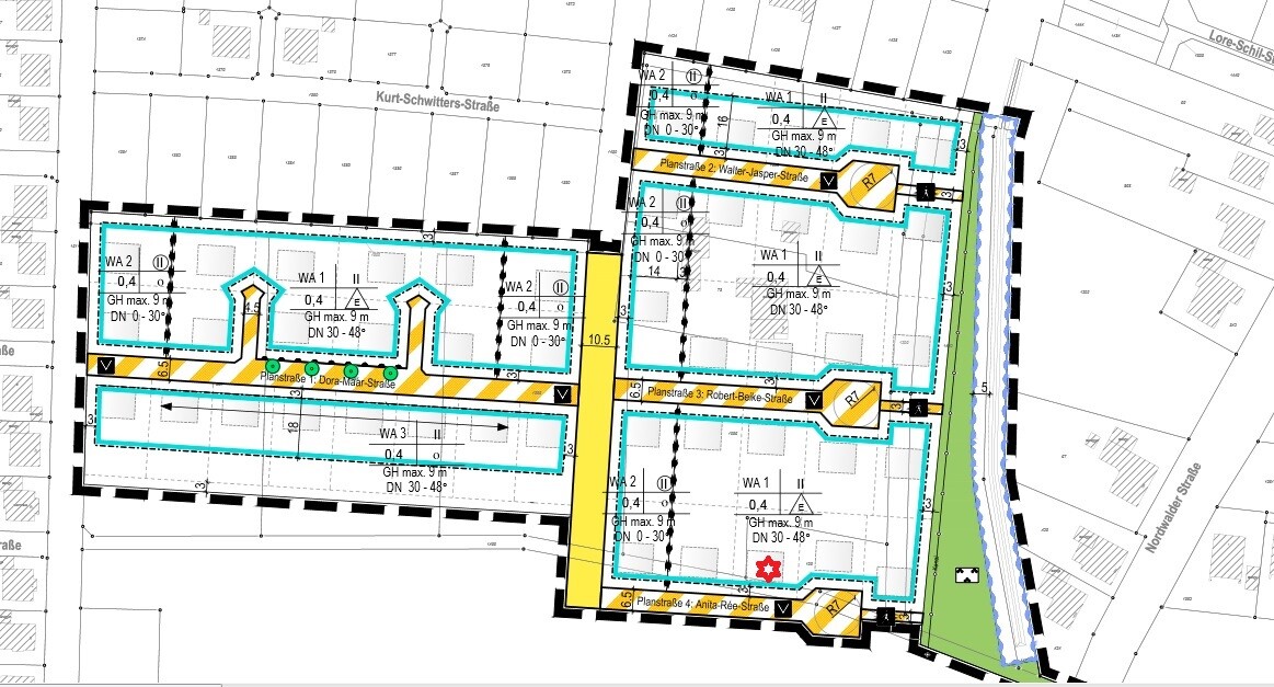 Lageplan eines Baugeländes: blau umrissene Gebäudekomplexe, gelbe Markierungen, Grünflächen rechts.