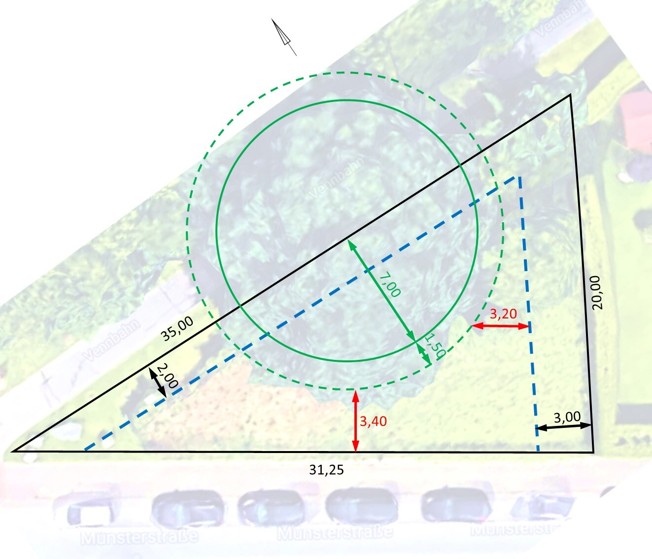 Geometrische Zeichnung über Foto: Dreieck, grüne Kreisbahn, blaue Hilfslinien, rote Maße.