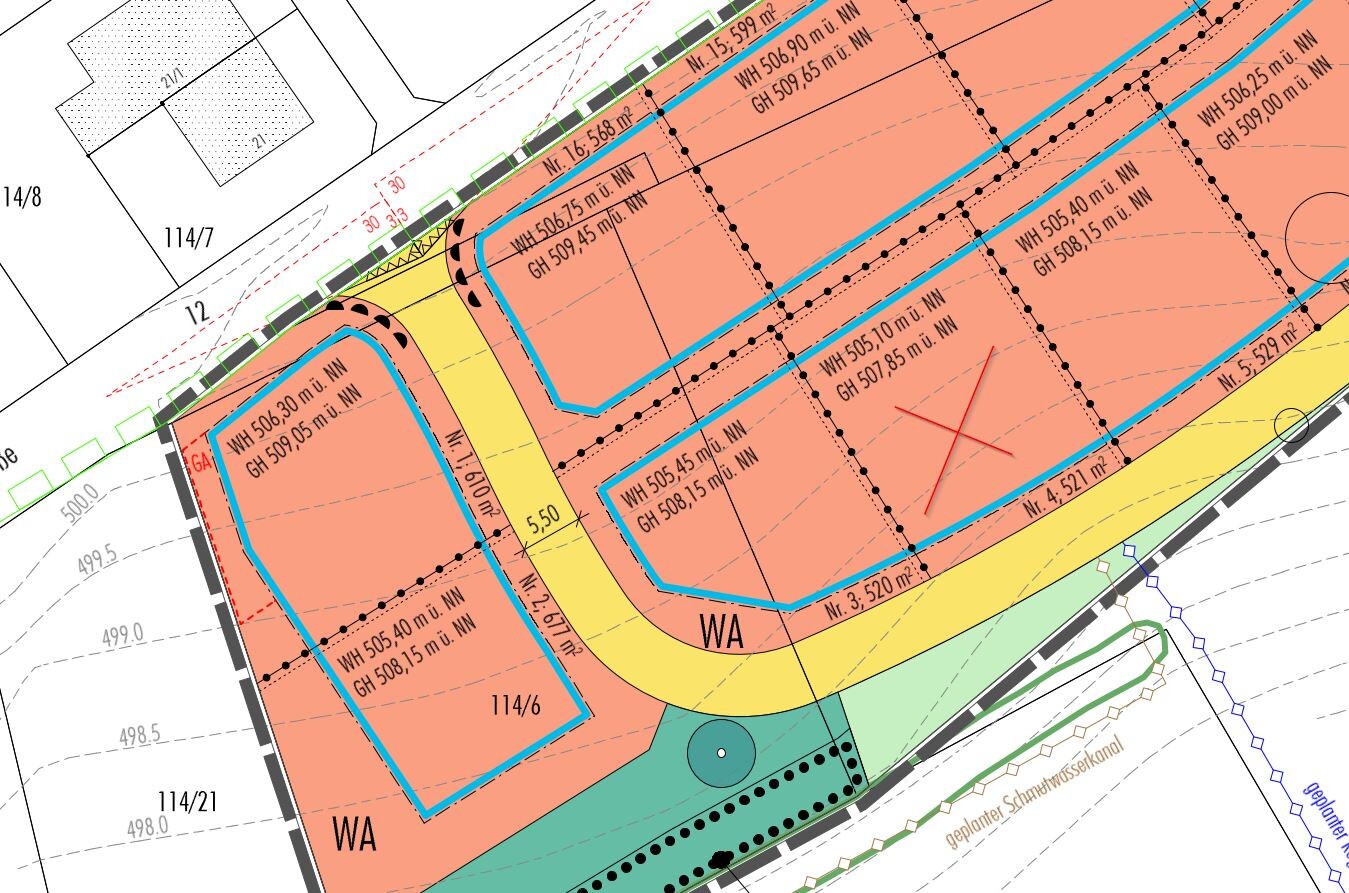 Lageplan eines Baugrundstücks mit Parzellen, Straßen und Bauflächen