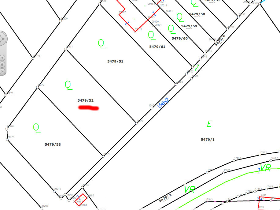 Lageplan eines Baugebiets mit Parzellen, Grenzlinien und Markierungen