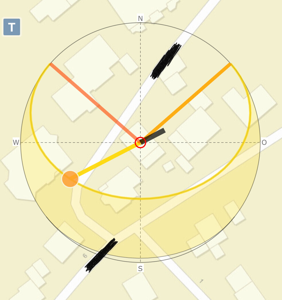 Kartenansicht mit Kompasskreis, rotem Mittelpunkt und gelb/orange Linienpfad zum Zentrum.