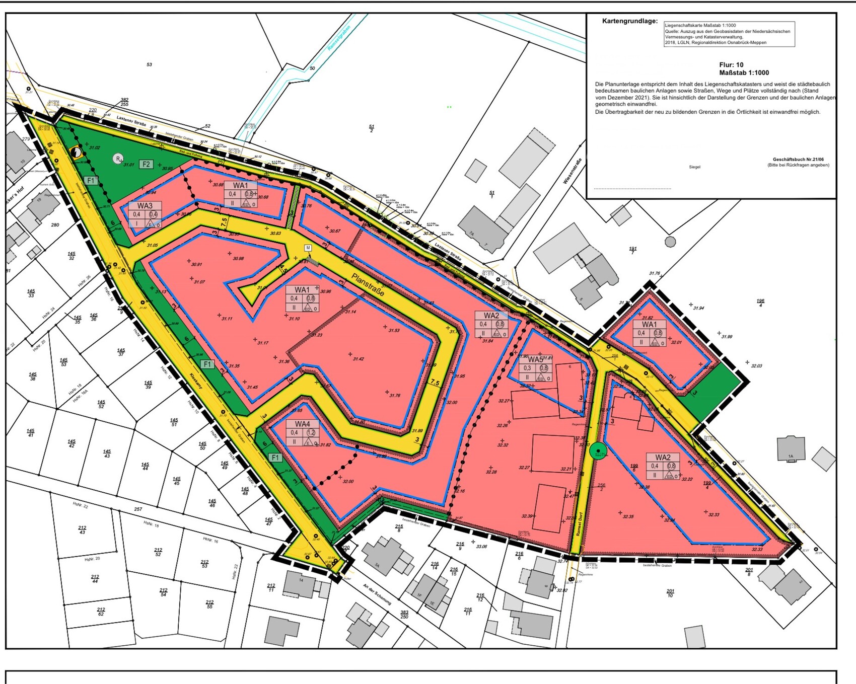 Lageplan eines Baugebiets mit pinken Zonen WA1–WA4, gelben Straßen und grünen Grünflächen.