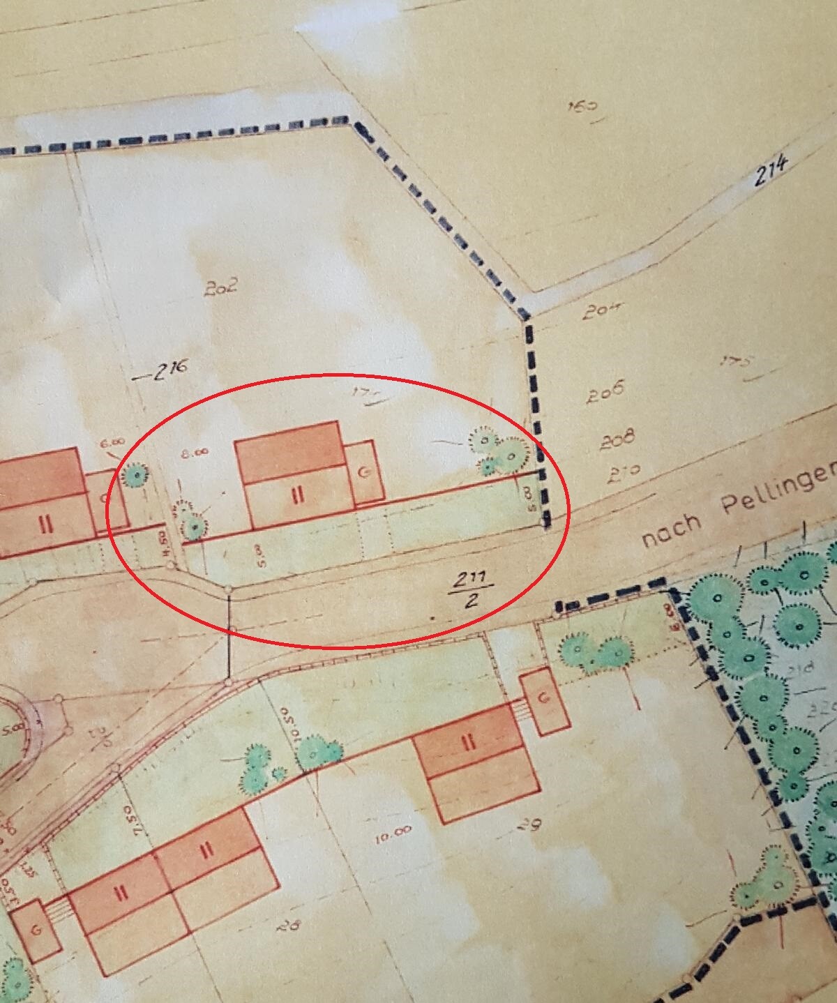 Lageplan eines Baugrundstücks mit Hausgrundrissen, Grundstücksgrenze und Bäumen