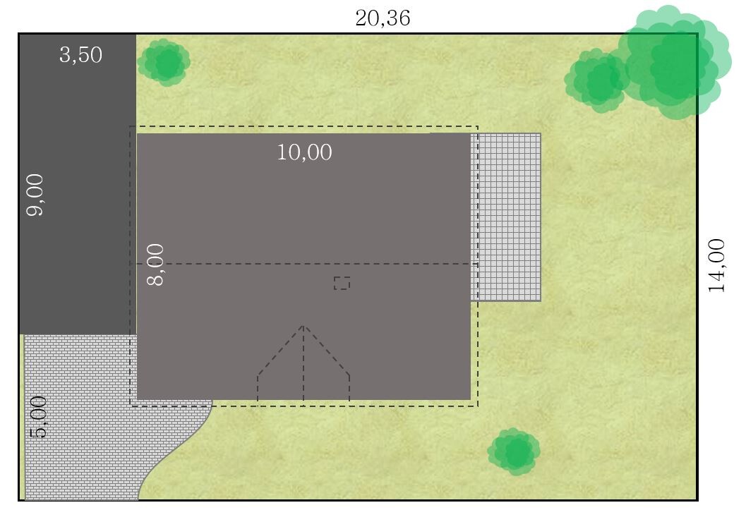 Lageplan eines Hauses mit Garten, Terrasse, Zufahrt und Bäumen