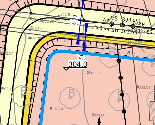 Kadastralplan mit Parzellen, Strassenrand, farbigen Grenz- und Infrastrukturmarkierungen