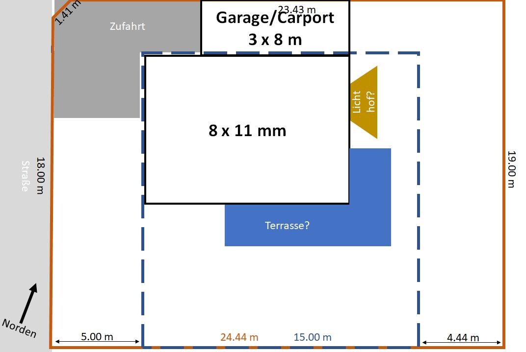 Grundstücksplan mit Garage, Carport, Terrasse, Zufahrt und Gartenbereich.