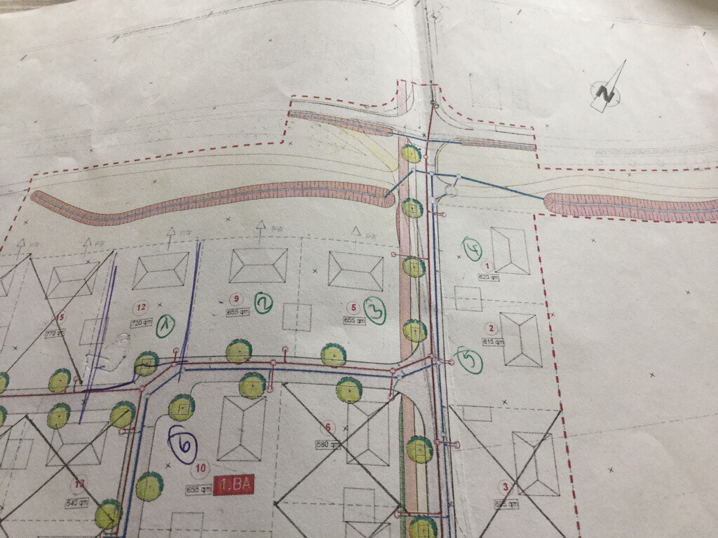 Lageplan mit Grundstücksgrenzen, Häusern, Straßen und Bäumen auf dem Baugrundstück.