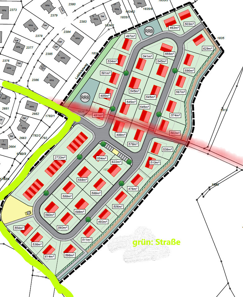 Lageplan eines Wohngebiets: Straßen, rote Häuser, Grünflächen, Parzellengrößen.