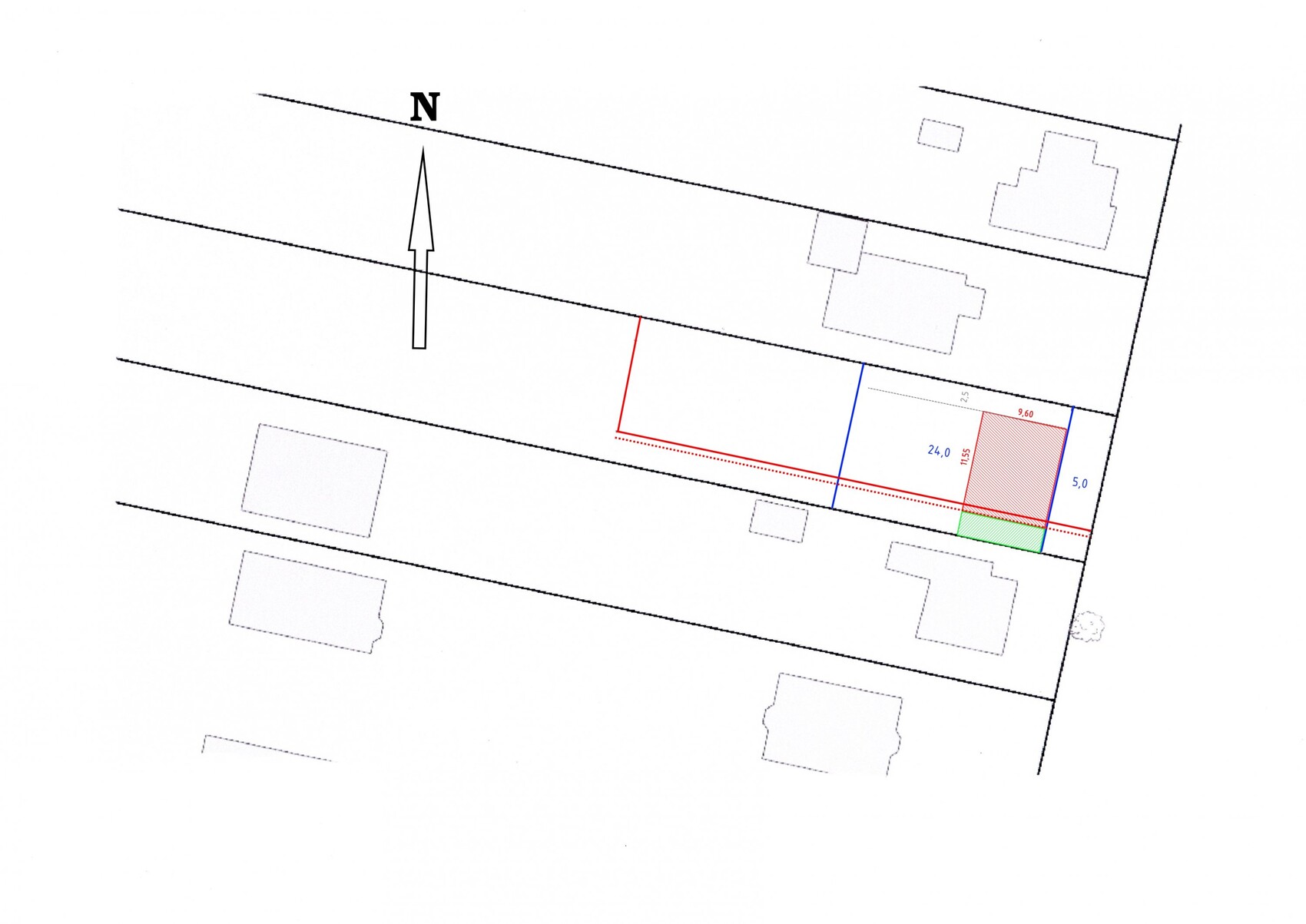 Lageplan eines Baugrundstücks mit Grundstücksgrenzen und Gebäuden