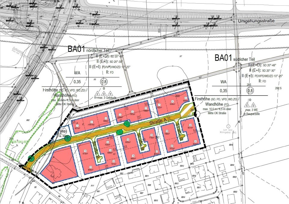 Lageplan eines Baugebietes mit geplanter Straßenführung und Grundstücksaufteilung