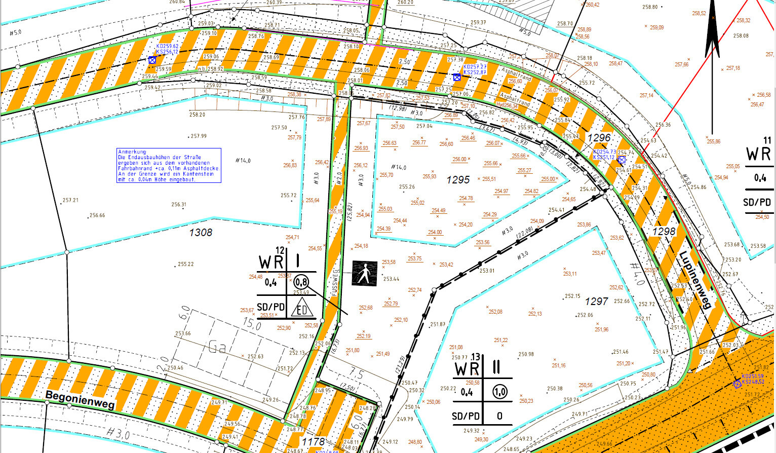 Detailierter Straßenbau-Plan mit kurviger Straße, orange-gelben Sperrflächen und Maßen.