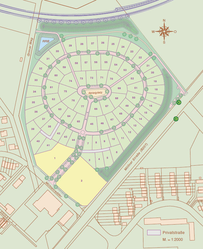 Lageplan eines Wohngebiets mit Rundstraße, einzelnen Grundstücken, Grünflächen und Spielplatz.
