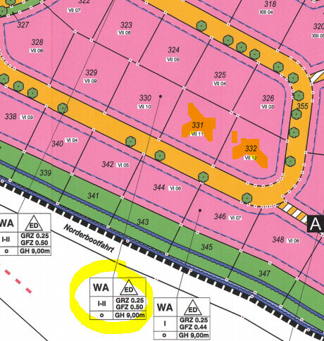 Lageplan eines Baugebiets mit Parzellen, Straßen und Gebäudemarkierungen