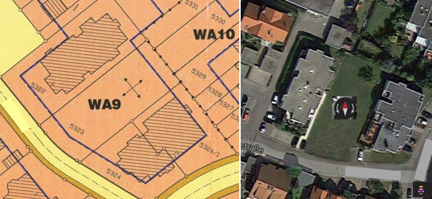 Geteiltes Bild: Linker Grundstücksplan WA9, rechter Satellitenblick auf Wohnsiedlung.