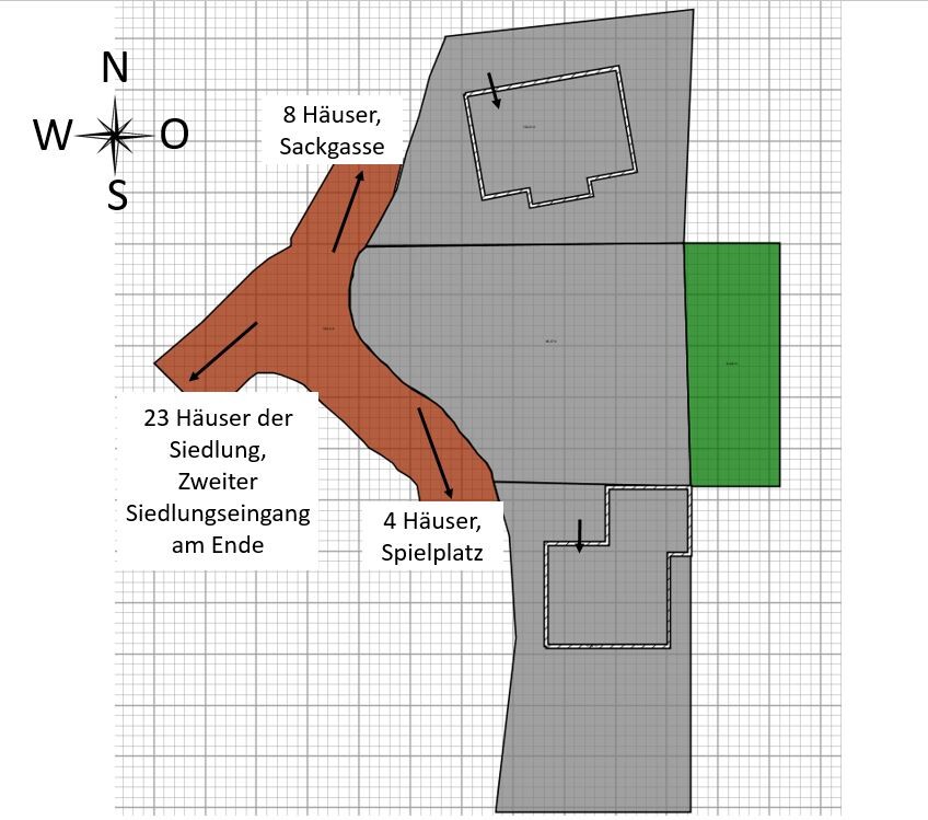 Siedlungsplan: braune Sackgasse mit 8 Häusern, graue Siedlung mit 23 Häusern; Spielplatz, Nord.
