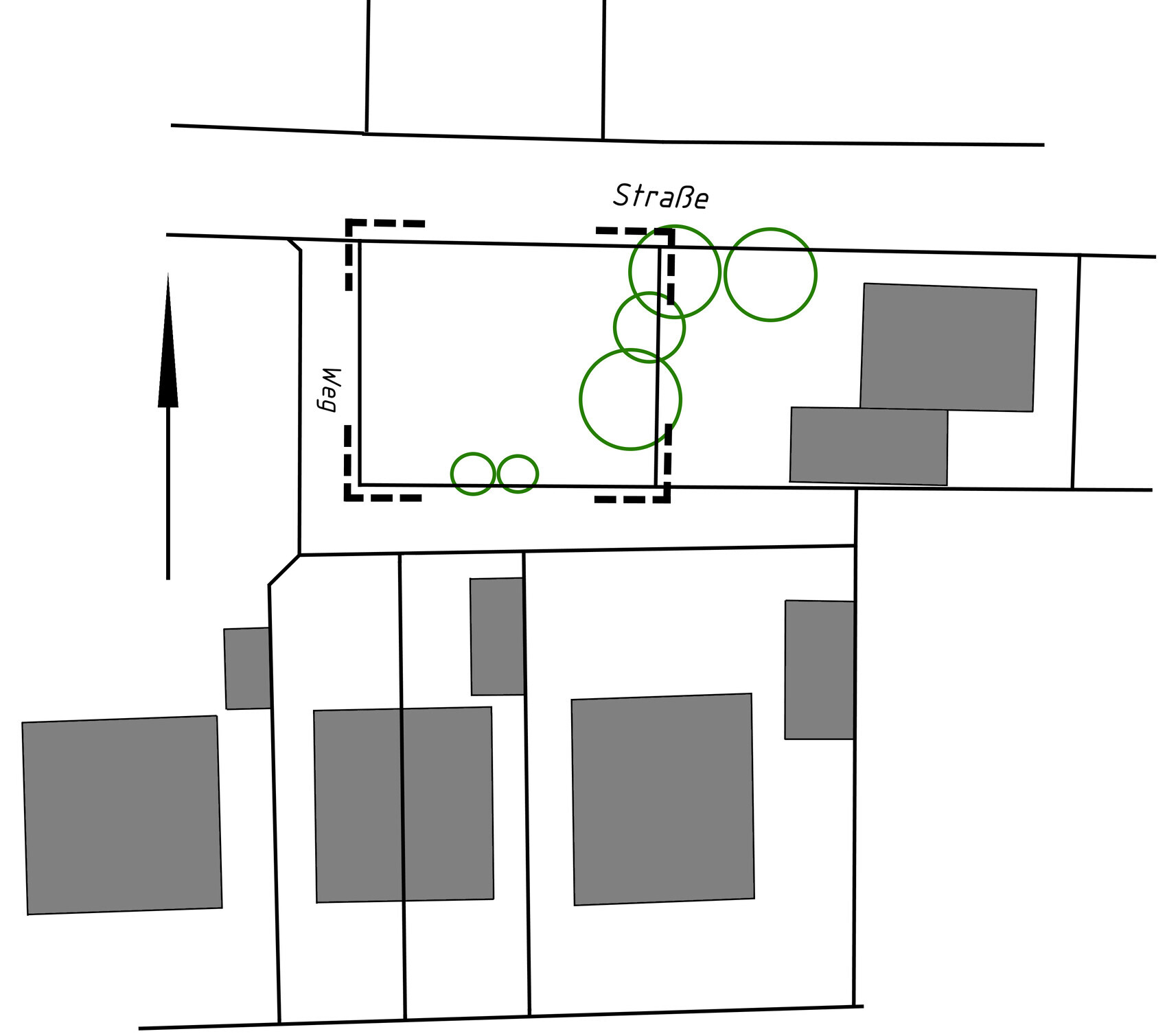Lageplan: Grundstück an Straße mit Gebäuden (grau) und Bäumen (grüne Kreise) innerhalb der Grenze.