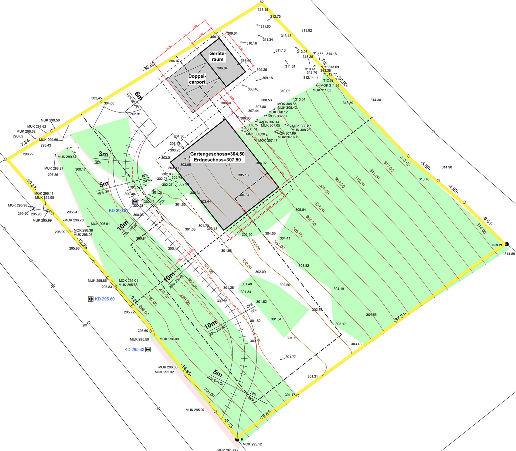 Lageplan eines Grundstücks mit Gebäuden, Carport, Grünflächen und Maßangaben.