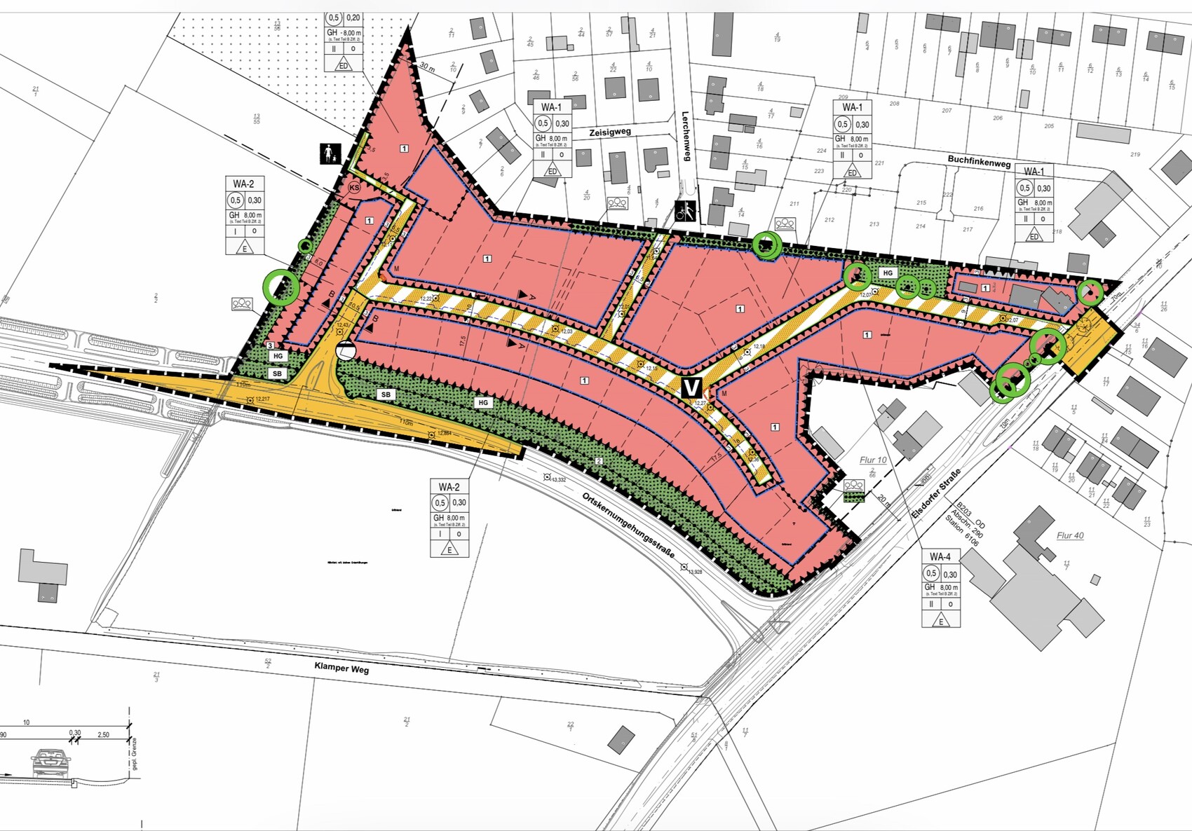 Lageplan eines Baugebiets mit roten Gebäudeflächen, gelben Straßen und grünem Baumbestand.